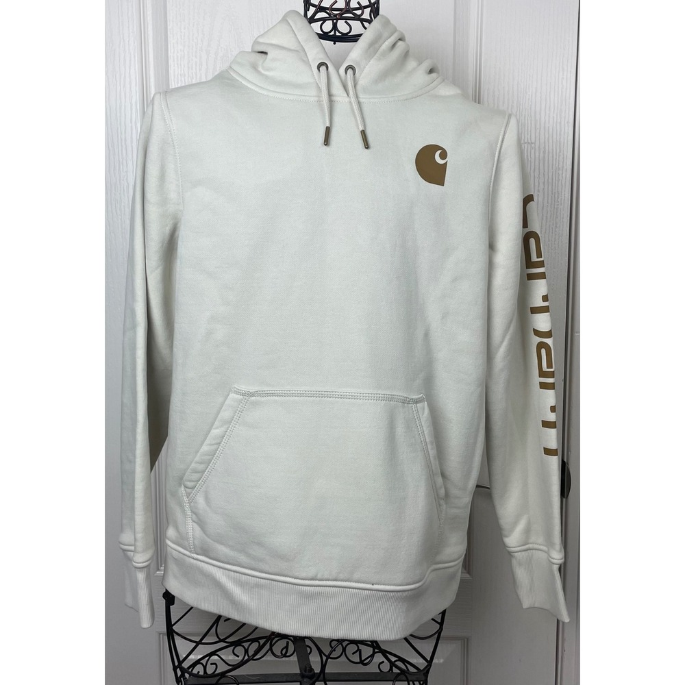 Carhartt Relaxed Fit Hoodie Mens Medium Cream White Sleeve Logo Sweatshirt